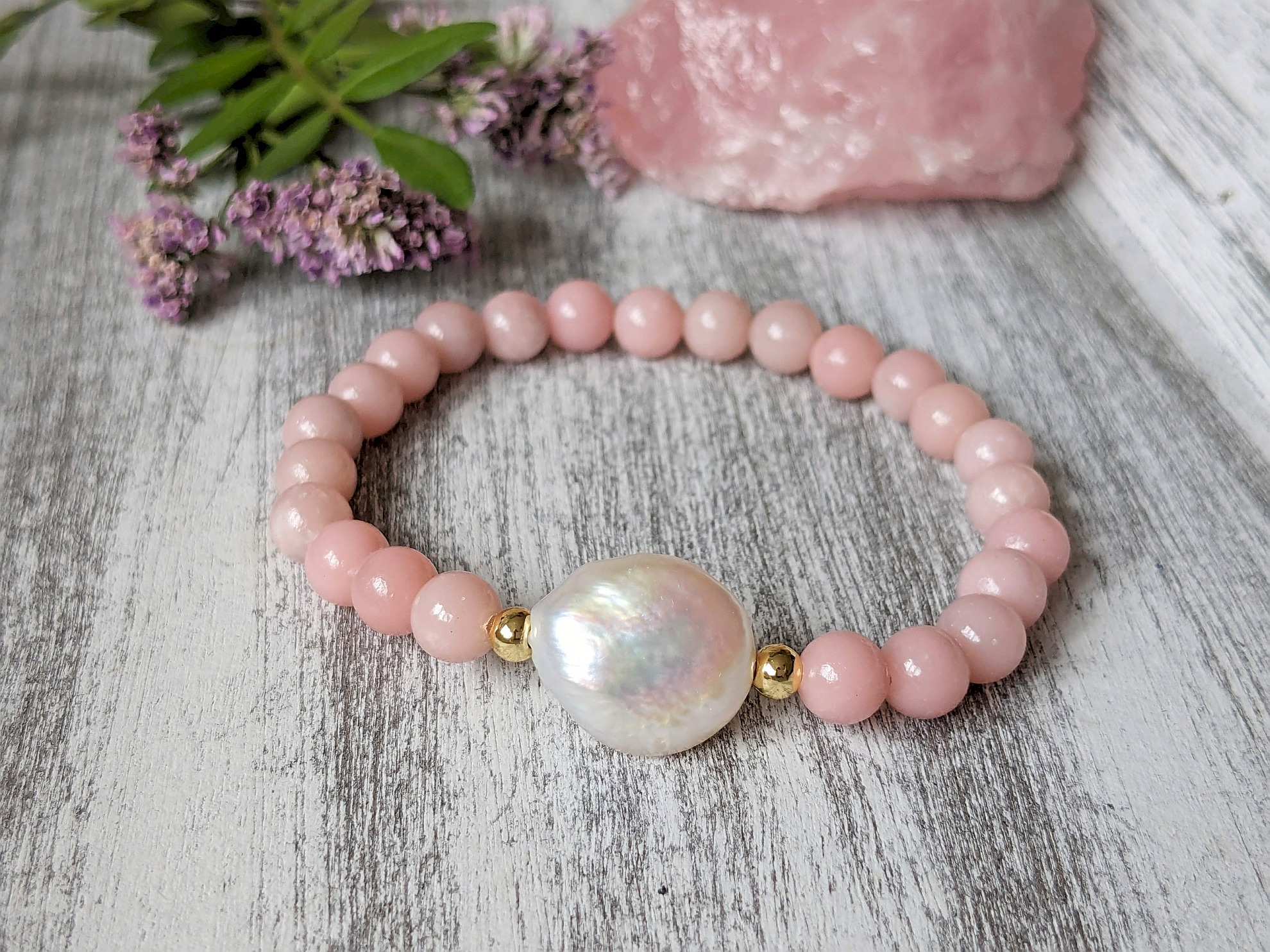 Náramok perla a ružový opál